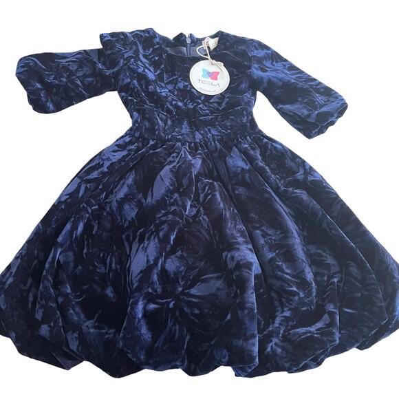 Teela Girls Navy Velvet Fit and Flare dress size 3 NWT - Picture 1 of 5